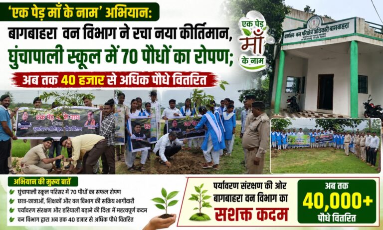 ‘एक पेड़ माँ के नाम’ अभियान: बागबाहरा वन विभाग ने रचा नया कीर्तिमान, घुंचापाली स्कूल में 70 पौधों का रोपण; अब तक 40 हजार से अधिक पौधे वितरित