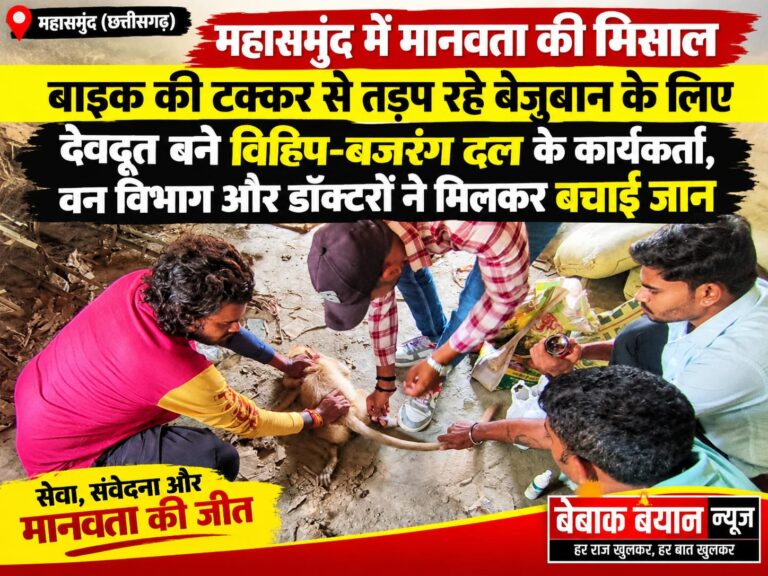 महासमुंद में मानवता की मिसाल बाइक की टक्कर से तड़प रहे बेजुबान के लिए देवदूत बने विहिप-बजरंग दल के कार्यकर्ता, वन विभाग और डॉक्टरों ने मिलकर बचाई जान